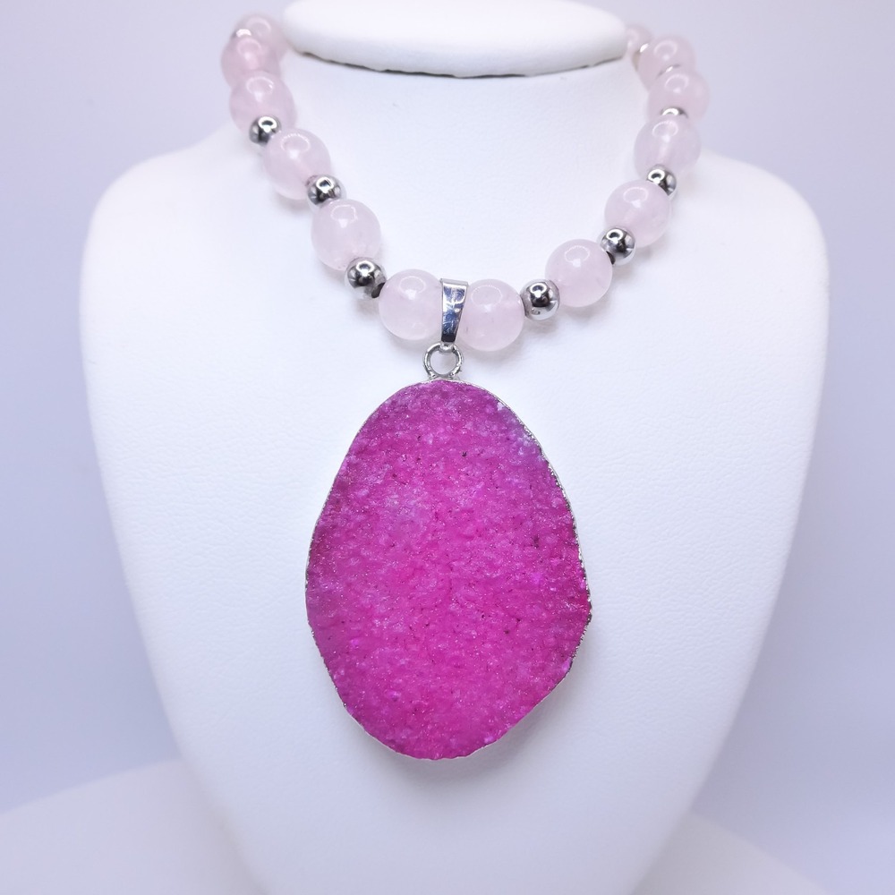Pink Rose Quartz And Druzy Beaded 19" Womens Silvertone Pendant Necklace